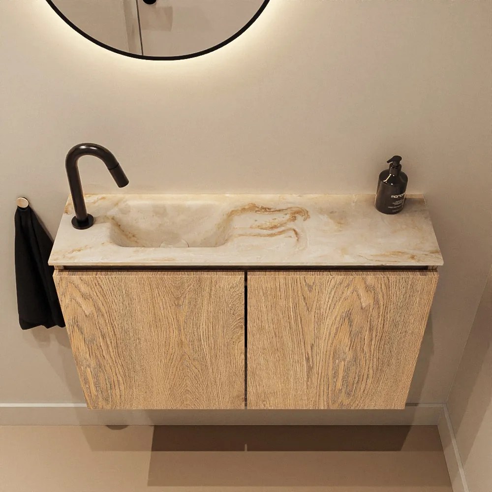 Mondiaz Ture DLux toiletmeubel 80cm washed oak met wastafel frappe links met kraangat