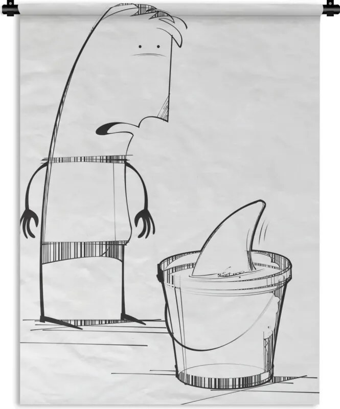 Wandkleed Wild & Crazy illustratie - Een gekke illustratie van een haai in een emmer water Wandkleed katoen 60x80 cm - Wandtapijt met foto