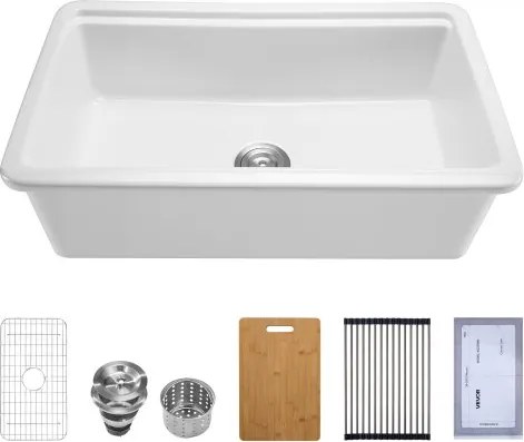 VEVOR Farmhouse Sink, Werkstation Onderbouw Spoelbak Gemaakt van Fireclay, Inbouw Spoelbak met Diverse Accessoires, Keuken Spoelbak, Grote Huishoudelijke Spoelbakken (835 x 485 x 254 mm) Wit