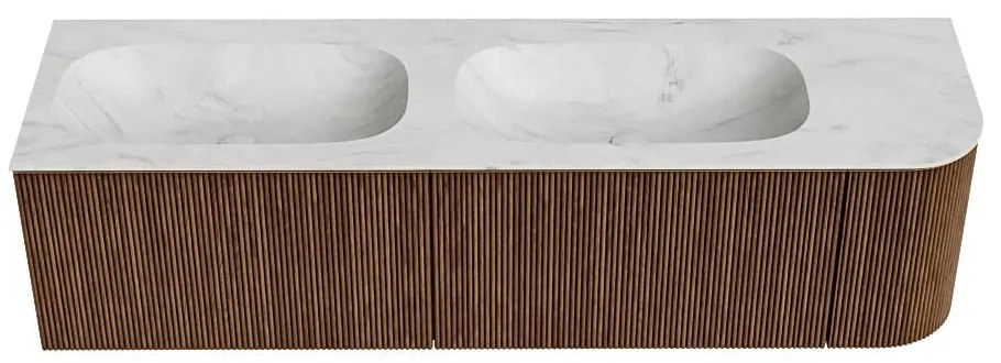 Mondiaz Kurve-dlux 165cm badmeubel ronding rechts walnut met 2 lades en 1 deur en wastafel stor small dubbel/links 2 kraangaten opalo