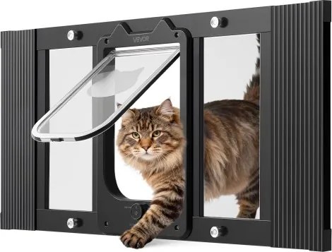 VEVOR Kattenluik/kattendeur, verstelbaar voor raambreedtes (686-813 mm), weerbestendig huisdierluik met 4 veilige vergrendelingsstanden, aluminium frame, helder glas en magnetische sluiting, zwart