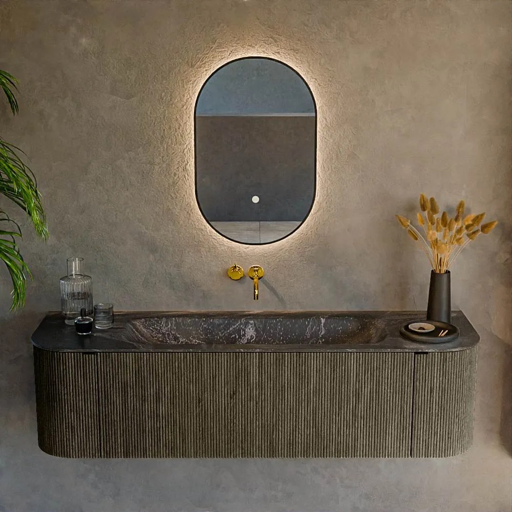 Mondiaz Kurve-dlux 160cm badmeubel ronding links/rechts shadow met 1 lade en 2 deuren en wastafel big medium midden zonder kraangat lava