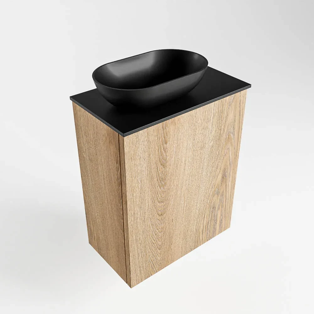 Mondiaz Fowy toiletmeubel 40cm washed oak met zwarte waskom links en kraangat