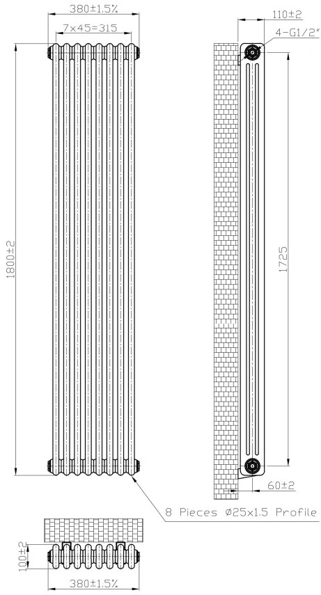 Eastbrook Imperia 3 koloms radiator 40x180cm 2099W antraciet