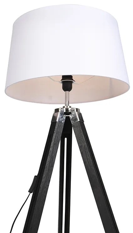 Vloerlamp Tripod zwart met kap 45cm linnen wit Industriele / Industrie / Industrial, Retro E27 Binnenverlichting Lamp