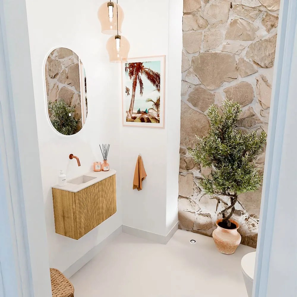 Mondiaz Joya DLux 60cm toiletmeubel ronding rechts oak met wastafel faye links zonder kraangat meli