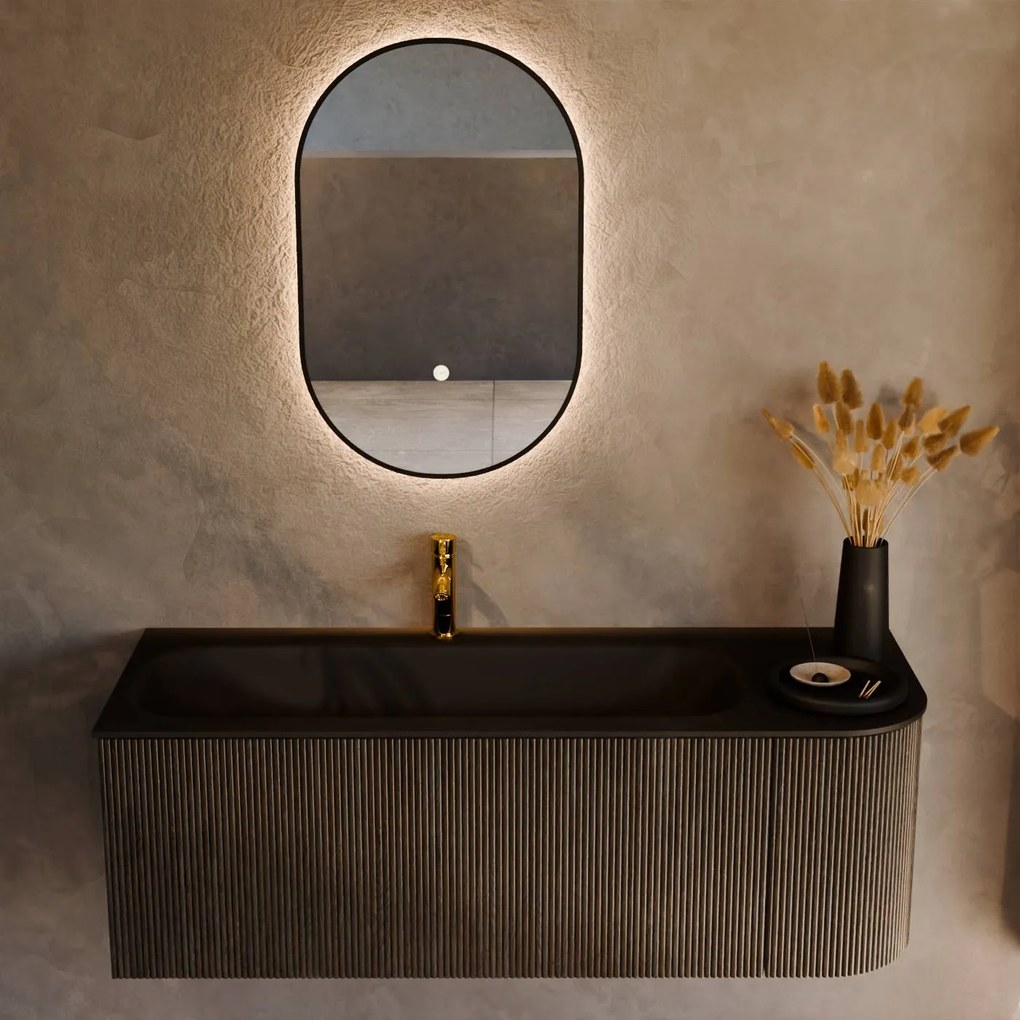 Mondiaz Kurve 125cm badmeubel ronding rechts shadow met 1 lade en deur en wastafel big medium kraangat links urban