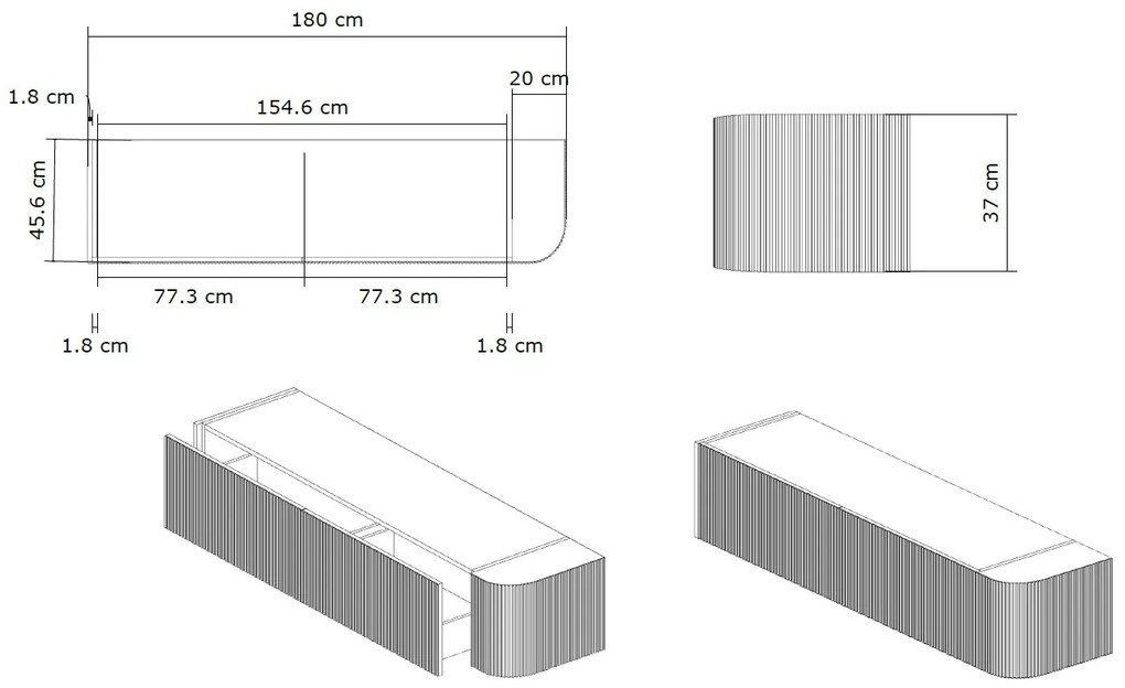 Gliss Design Alluro badmeubel ribbelfront met ronding rechts 180cm black en wit marmer toppaneel