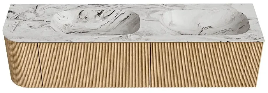 Mondiaz Kurve-dlux 175cm badmeubel ronding links oak met 2 lades en 1 deur en wastafel stor small dubbel/rechts zonder kraangat glace