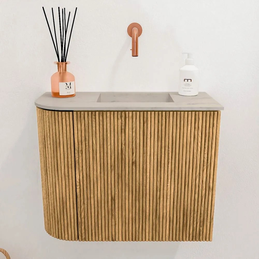 Mondiaz Joya DLux 50cm toiletmeubel ronding links oak met wastafel faye rechts zonder kraangat opalo