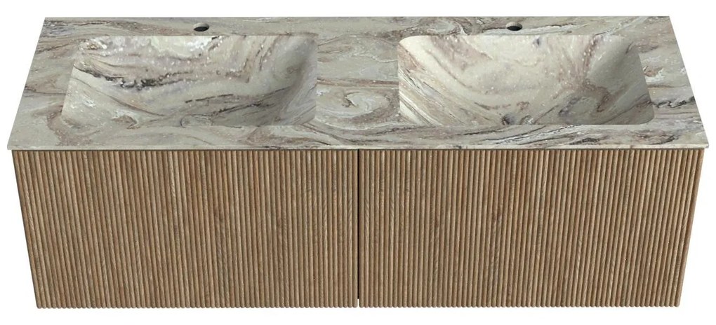 Mondiaz Kurve-dlux 130cm badmeubel dusk met 2 lades en wastafel leaf dubbel 2 kraangaten glace