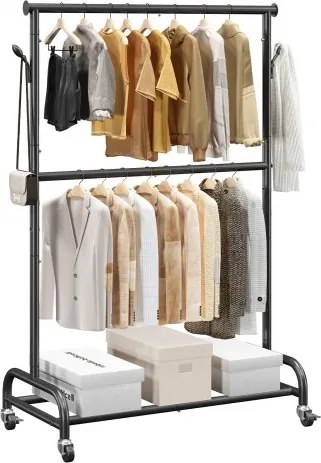 VEVOR Rolkledingrek met verstelbare dwarsbalk en zijhaken, draagvermogen 150 kg, robuust kledingrek van koolstofstaal voor slaapkamer, wasruimte, woonkamer