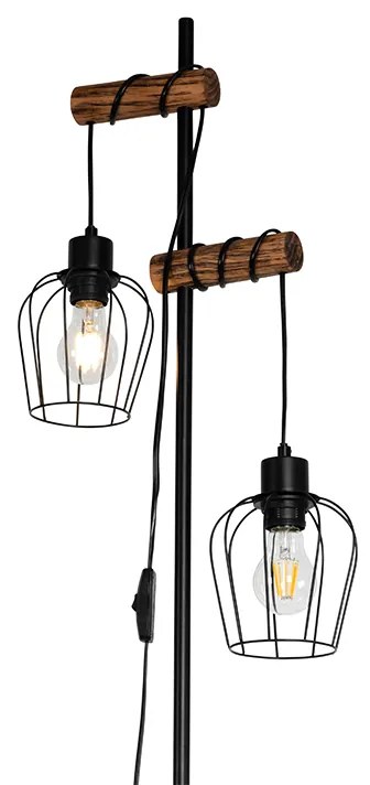 Landelijke vloerlamp zwart met hout 2-lichts - Stronk