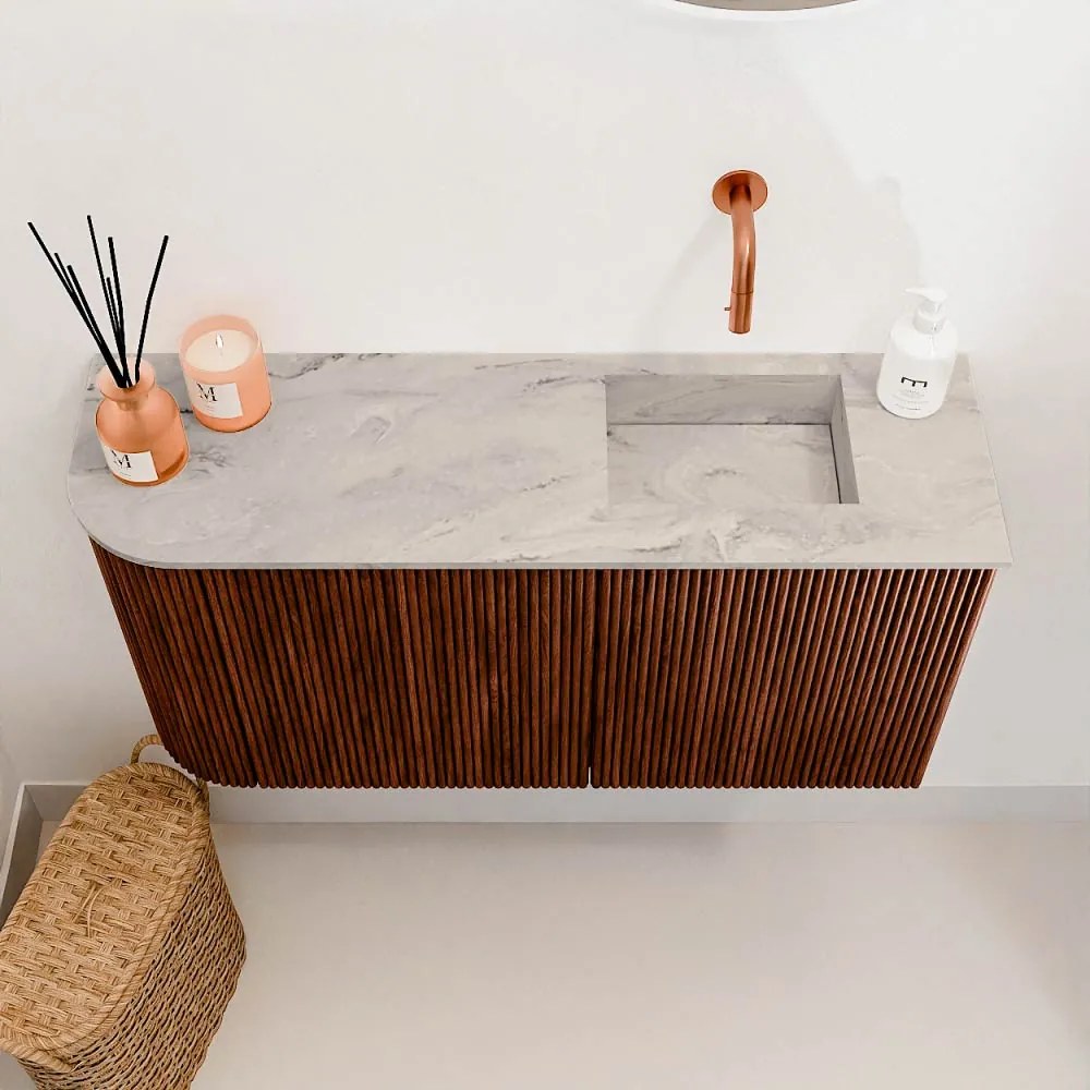 Mondiaz Joya DLux 80cm toiletmeubel ronding links ruby met wastafel faye rechts zonder kraangat glace