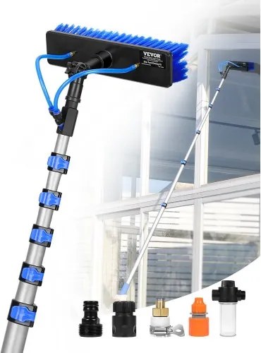 VEVOR Telescopische wasborstel, 11 m lange reinigingsstok met uitschuifbare steel, 180° draaibare borstelkop en 20 m slang, raamreinigingsgereedschap voor zonnepanelen op dekken van huishoudens en caravans
