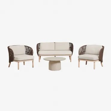 Tuinset Met 2-zitsbank, 2 Capri Fauteuils En Ronde Salontafel Ø75 Cm In Layana Cement Bruin – Chocolade - Sklum