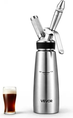 VEVOR Nitro Cold Brew Koffiemachine 0,5 L Roestvrijstalen Nitro Koffiedispenser Ideaal voor Cold Brew Koffie, Bier en Room, zonder stroomaansluiting met zelfsluitende functie, overdrukbeveiliging en roestvrijstalen onderdelen