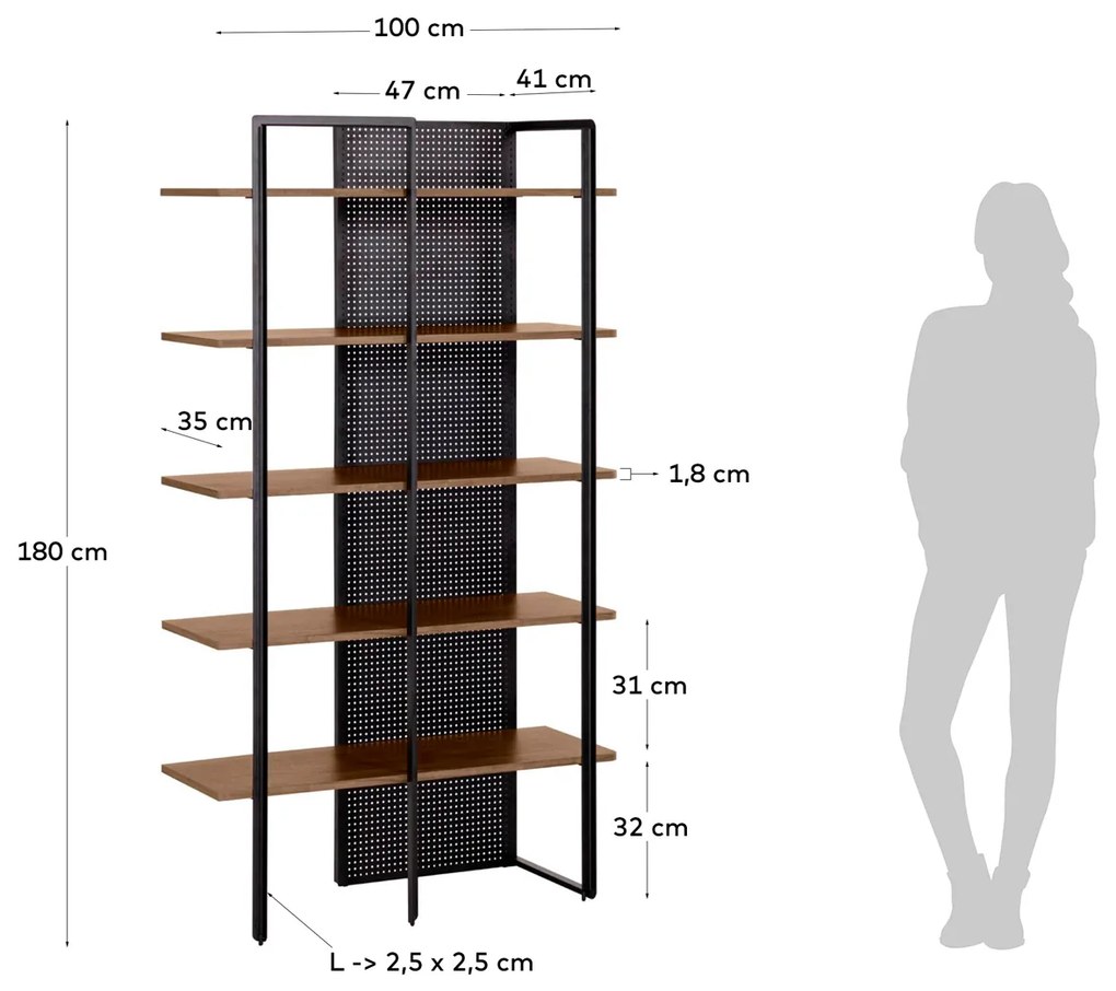Kave Home Nadyria Open Kast Modern Retro Walnoot - 100x41x180cm.