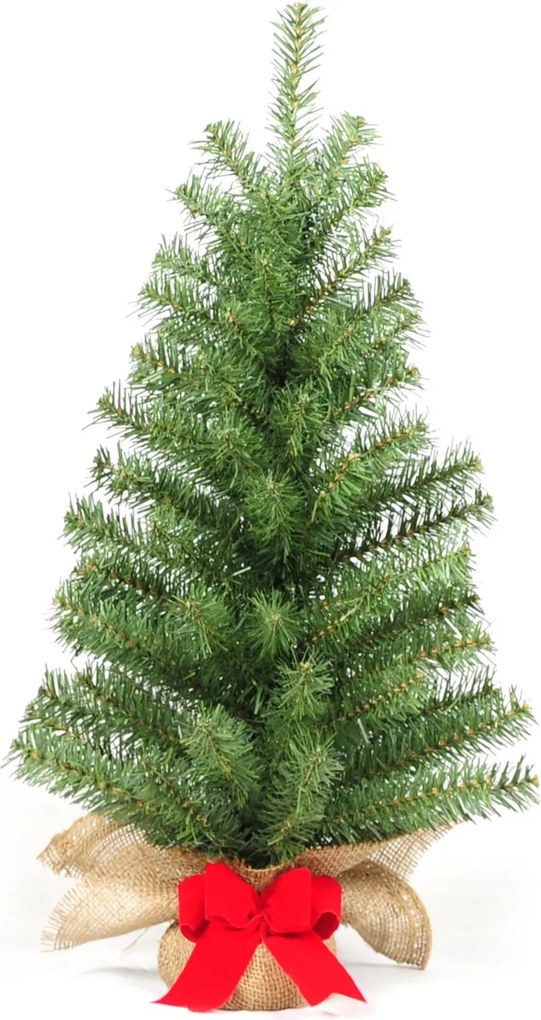 Forest Table Tree kunst (tafel)kerstboom - 60 cm - groen - Diameter 35 cm - 82 tips - met rode strik - jute zak