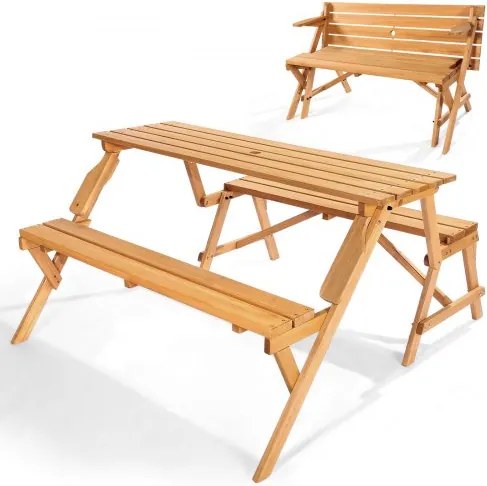 VEVOR 2-in-1 converteerbare en verwisselbare picknicktafel, houten tafel en bankenset voor buiten, draagbare opvouwbare bank met parasolgat, eetkamermeubilair voor tuin, achtertuin, veranda (bruin)