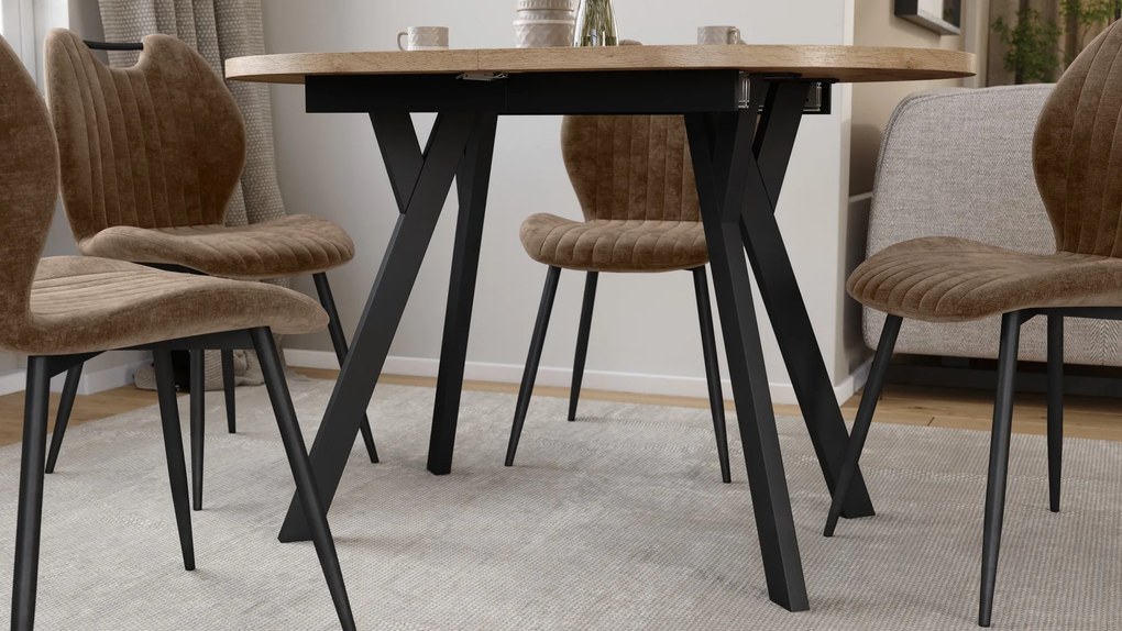 Mazzoni ALMO Craft Eiken Goud / zwarte poten - OVALE UITSCHUIFTAFEL 120-220 cm VOOR 10-12 PERSONEN