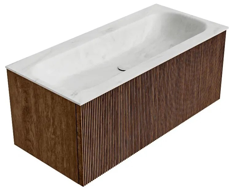 Mondiaz Kurve-dlux 100cm badmeubel walnut met 1 lade en wastafel big medium midden zonder kraangat opalo
