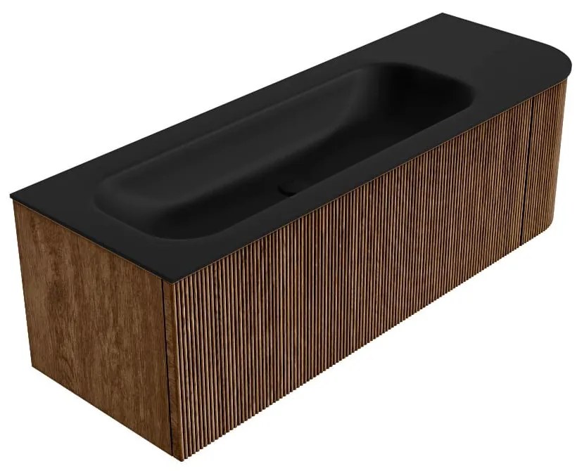 Mondiaz Kurve 135cm badmeubel ronding rechts walnut met 1 lade en deur en wastafel big medium links zonder kraangat urban