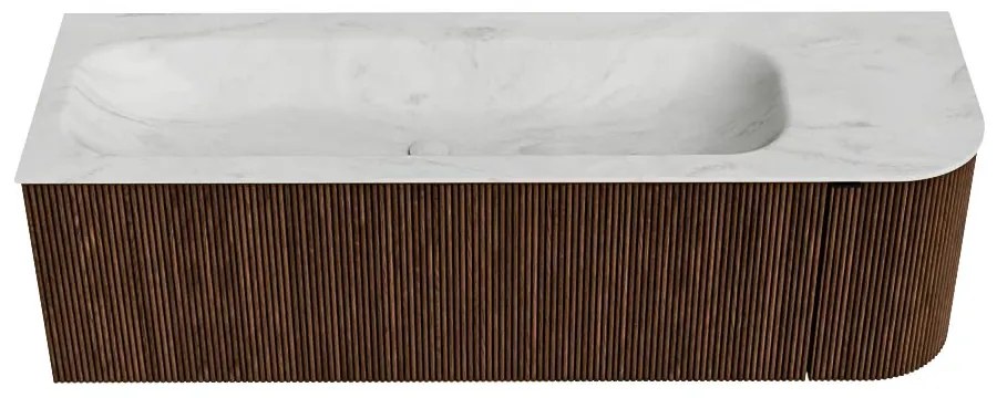 Mondiaz Kurve-dlux 145cm badmeubel ronding rechts walnut met 1 lade en deur en wastafel big large links 2 kraangaten opalo