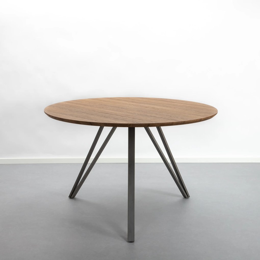 Industriële Ronde Eettafel 'Judy' 120cm, 3D-eikenlook brownwash