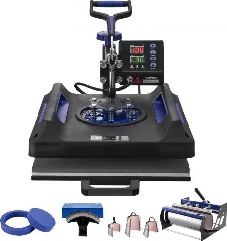 VEVOR Heat Press, 15 x 15 inch, 8-in-1 warmteoverdrachtsmachine met 30 oz Tumbler Press, 360° wegdraaibare digitale T-shirtpers, tefloncoating, voor T-shirts/mokken/hoeden/borden, zwart + blauw
