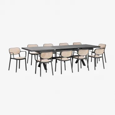 Uitbreidbare Rechthoekige Tafelset 240-300x100 Cm Karena En 10 Stapelbare Tuinstoelen Met Armleuningen Omara Grijs – Grafiet - Sklum