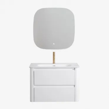 Badkamermeubelset In Hout Met Geïntegreerde Wastafel Egerton Wit & Vierkant Led En Anticondens 75x75 Cm Tobie & Goud ↑20 Cm - Sklum
