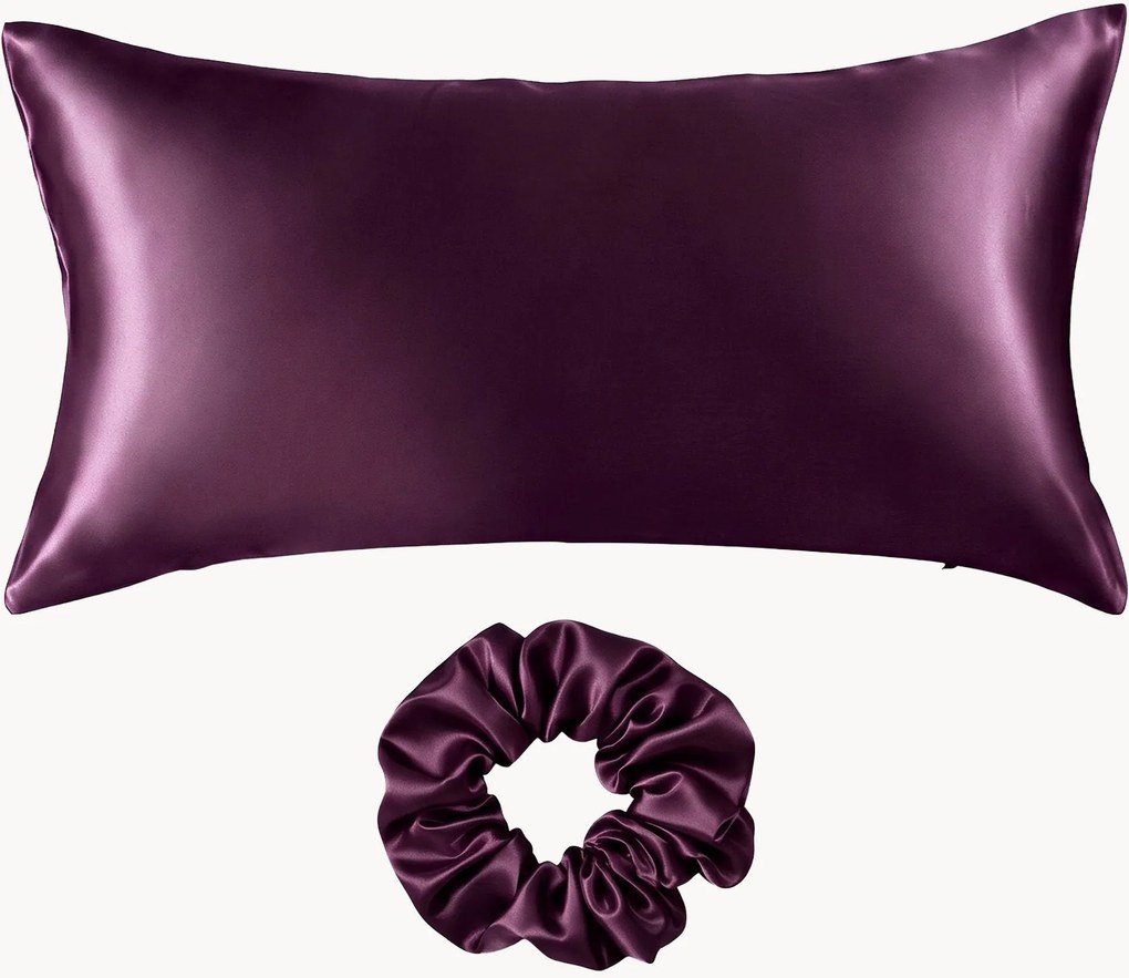 Kussensloop en scrunchie van moerbeizijde satijn Aubergine, 2-delig