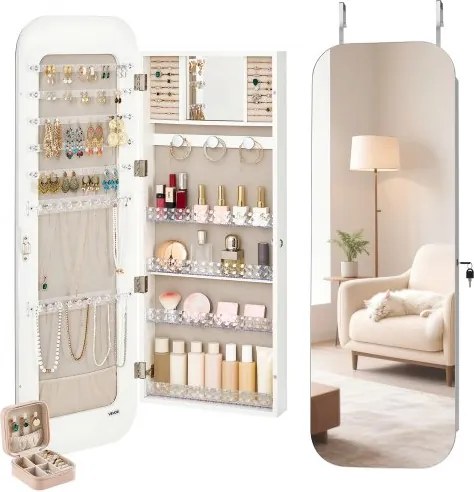 VEVOR Sieradenkast 108 cm hoog, grote spiegel met opbergruimte, wandmontage/over de deur, sieradenkast organizer, afgerond design, afsluitbaar met 2 sleutels & reisorganizer, wit