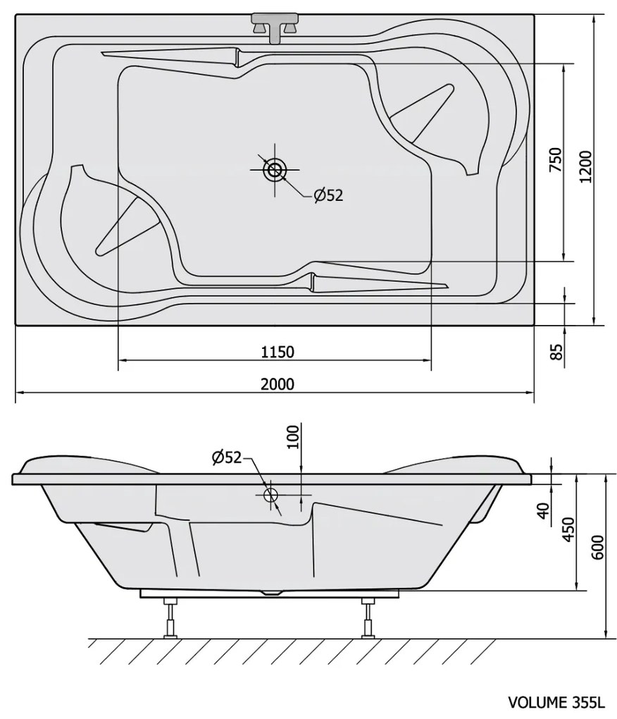 Polysan Duo rechthoekig bad met constructie 200x120x45cm wit