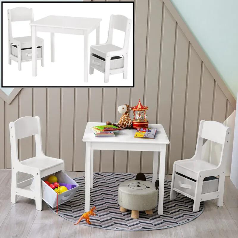 Kindertafel met stoeltjes van hout – 1 tafel en 2 stoelen voor kinderen - Wit - Kleurtafel / speeltafel / knutseltafel / tekentafel / zitgroep set - ®
