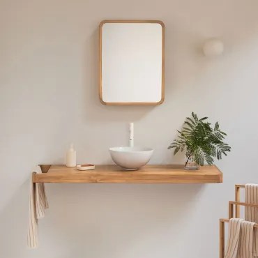 Conjunto Van Meubel 130x45 Cm Hangend In Teakhout Neill Teakhout & Wit ↑30 Cm Met Aftapkraan Zonder Overloop Orveta & Rond Wit Keramiek Ø30 Cm Calgari