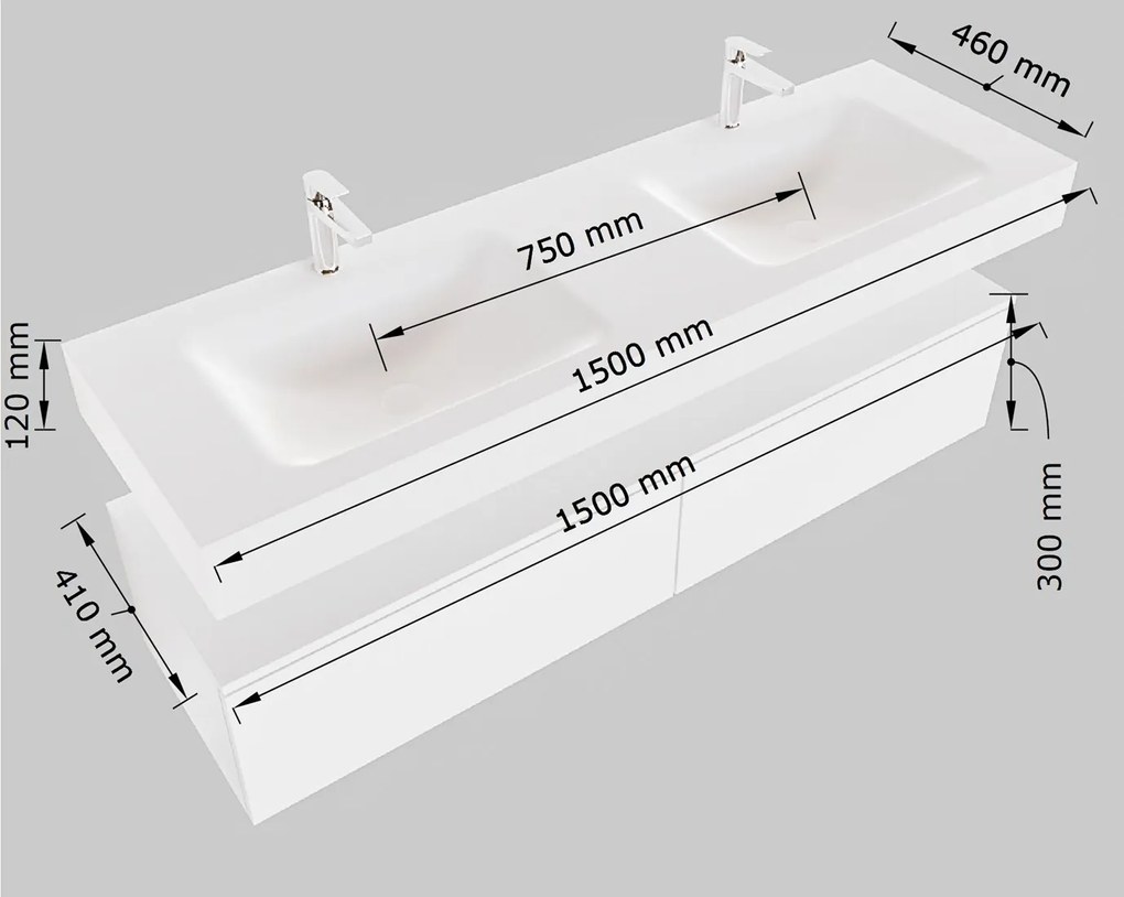 Mondiaz Alan DLux badmeubel 150cm linen 2 lades met wastafel ostra dubbel 2 kraangaten