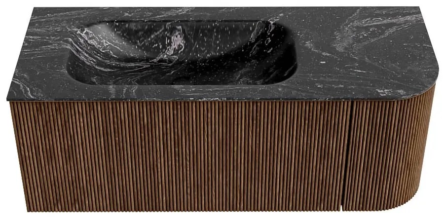 Mondiaz Kurve-dlux 115cm badmeubel ronding rechts walnut met 1 lade en deur en wastafel big small kraangat links lava