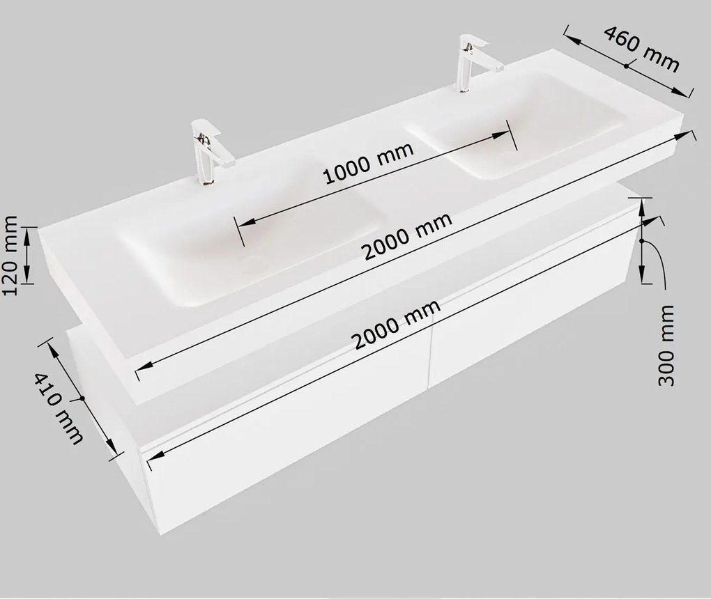 Mondiaz Alan DLux badmeubel 200cm dark grey 2 lades met wastafel glace dubbel zonder kraangat