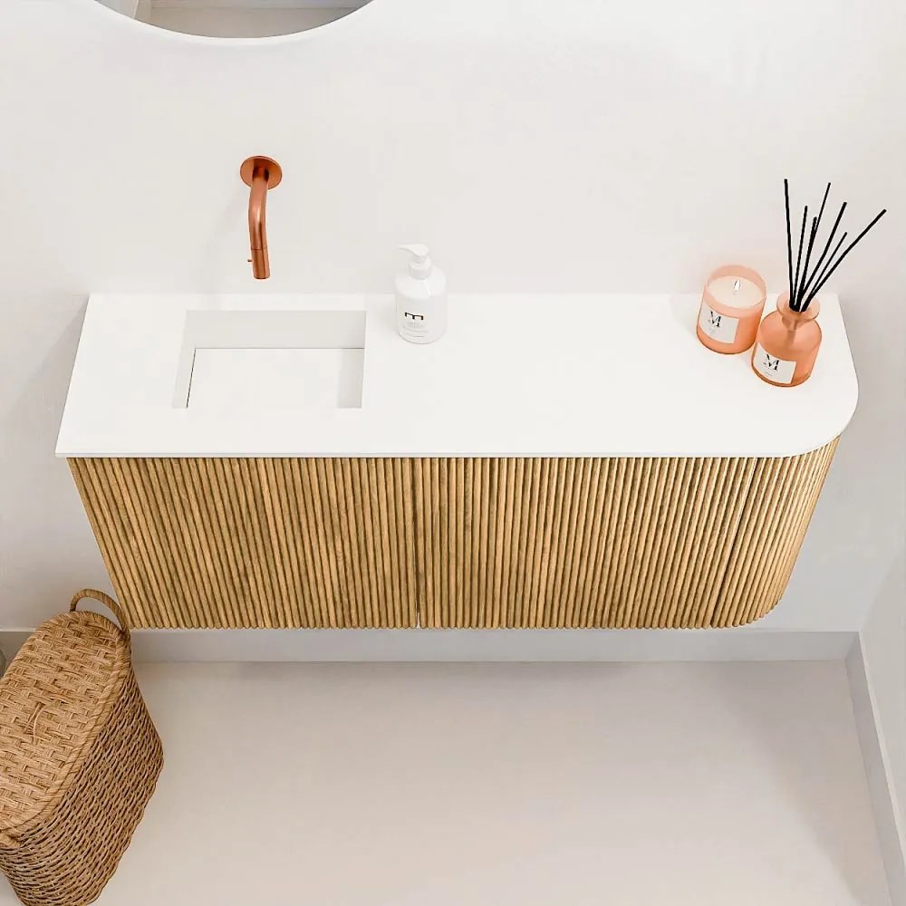 Mondiaz Joya 90cm toiletmeubel ronding rechts oak met wastafel faye links zonder kraangat talc