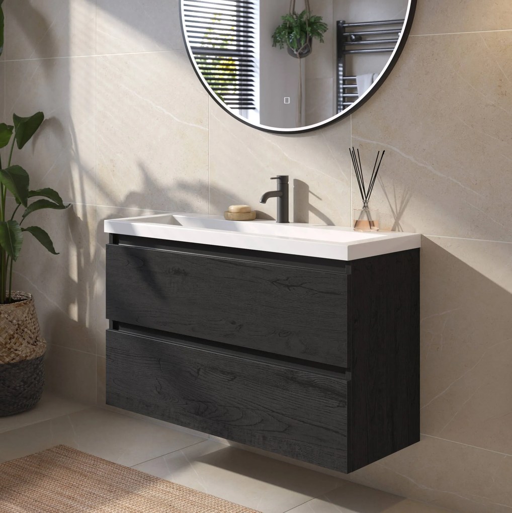 Saqu Gaia Actie ondiep badmeubel incl. glans witte wastafel 100x40x64cm eiken zwart – zwarte greeplijst