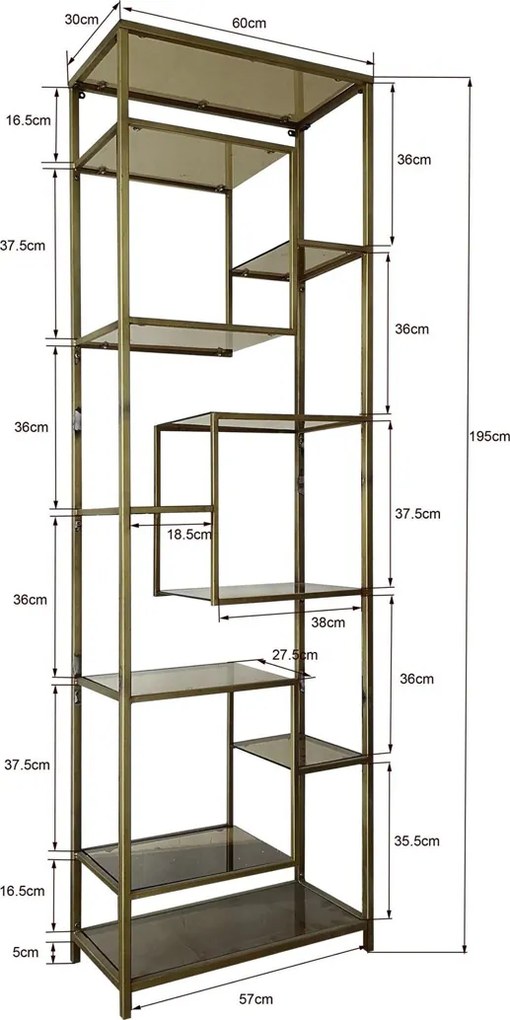 Smal Hoog Wandrek Staal Met Glas Zwart - 60x30x195cm.