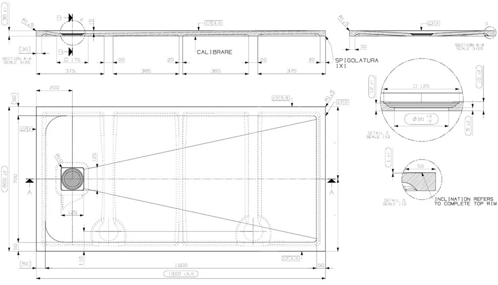 Saniclear Lino douchebak 160x80cm met stone finish donkergrijs