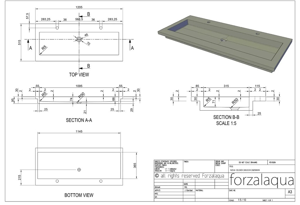 Forzalaqua Nova wastafel 120x50cm met 2 kraangaten carrara gekapt