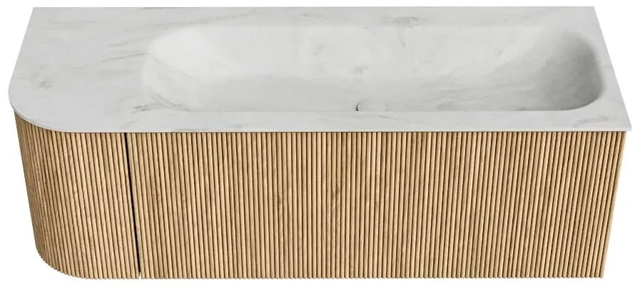 Mondiaz Kurve-dlux 125cm badmeubel ronding links oak met 1 lade en deur en wastafel big medium kraangat rechts opalo