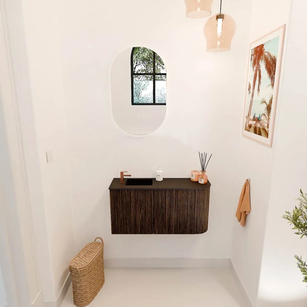 Mondiaz Joya 80cm toiletmeubel ronding rechts walnut met wastafel faye links 1 kraangat urban