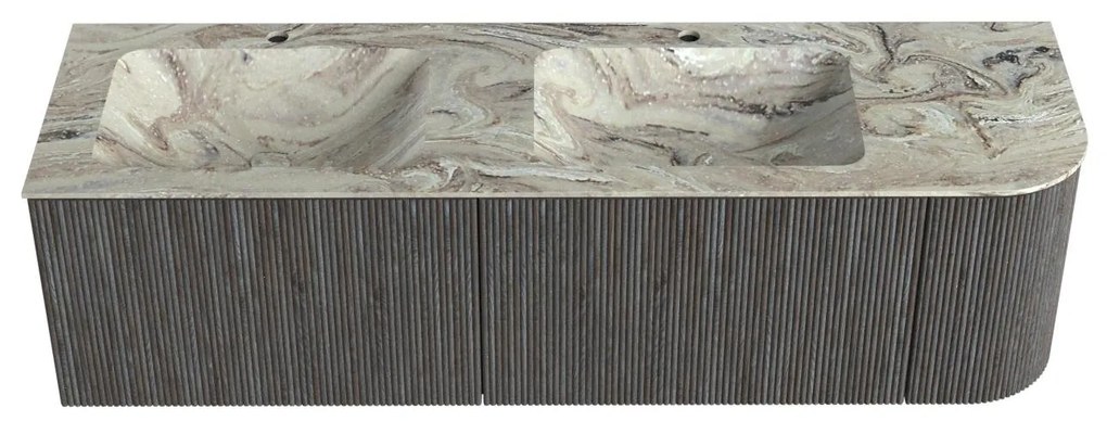 Mondiaz Kurve-dlux 155cm badmeubel ronding rechts shadow met 2 lades en 1 deur en wastafel leaf dubbel/links 2 kraangaten glace