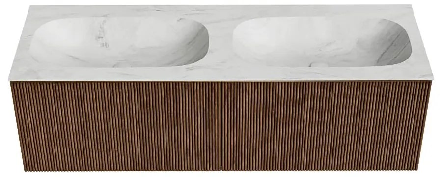 Mondiaz Kurve-dlux 140cm badmeubel walnut met 2 lades en wastafel stor small dubbel 2 kraangaten opalo