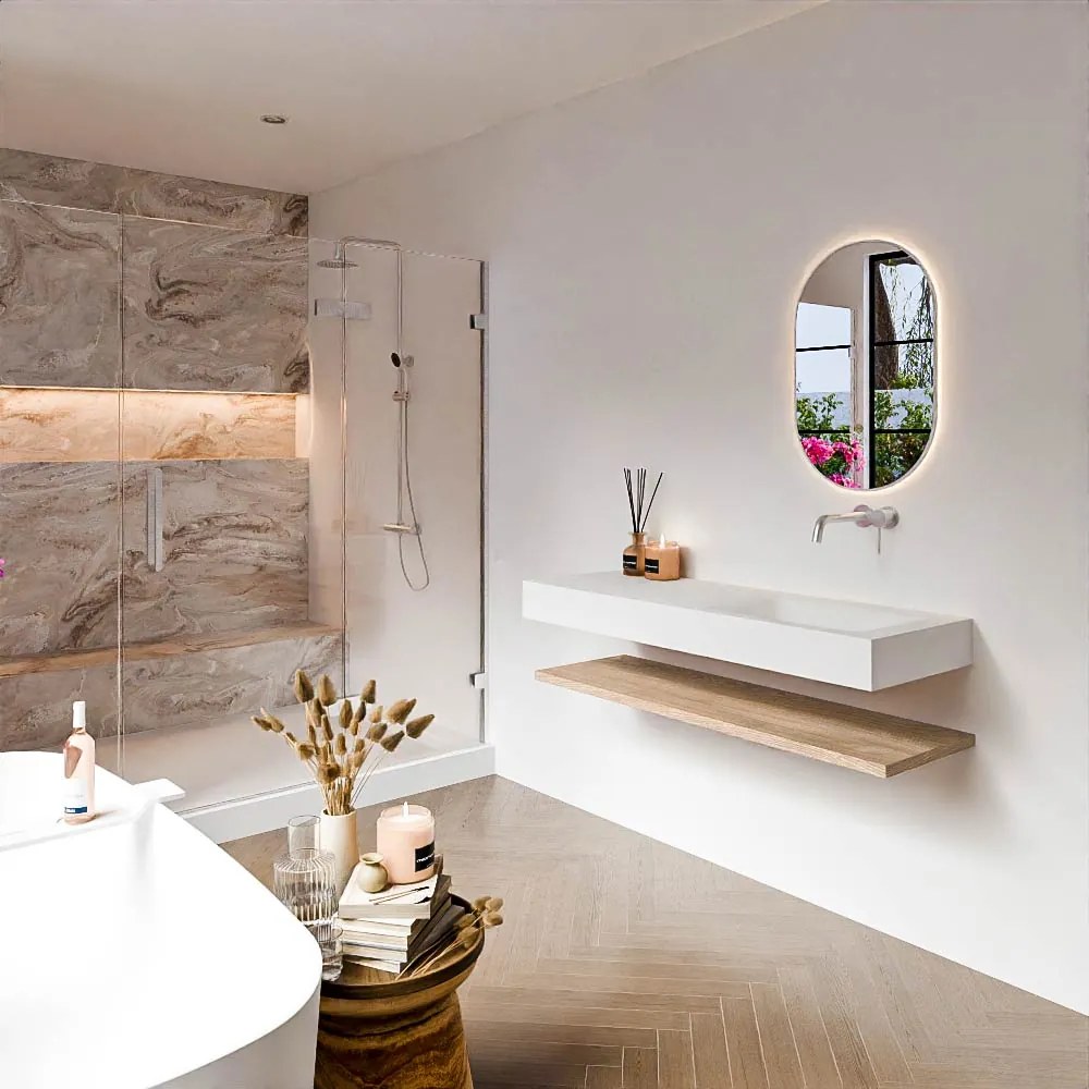 Zaro Alan badmeubel 130cm met planchet washed oak en vrijhangende wastafel cloud rechts zonder kraangat talc